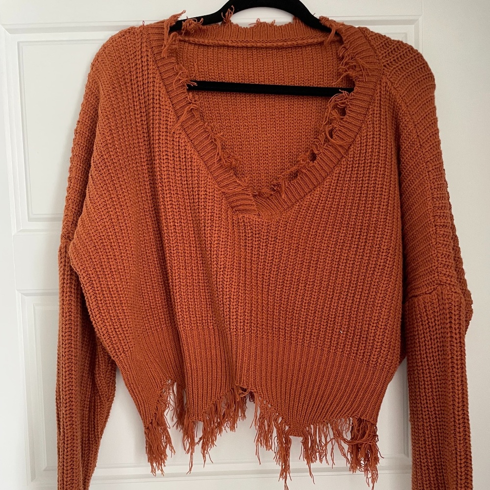 Burnt Orange Fall V Neck Distressed Sweater- Medium
